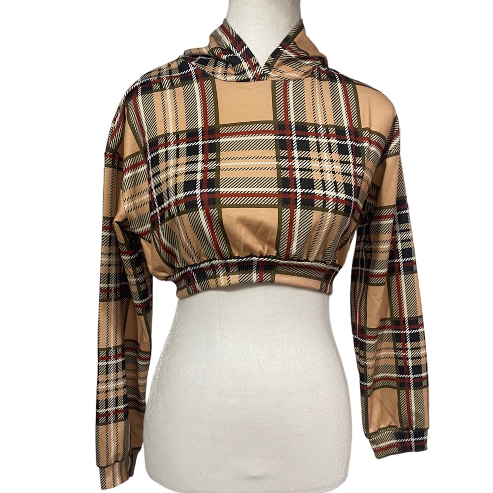 Shein Plaid Crop Hoodie Long Sleeve Top Girl’s Size 11-12 Y Preppy Academia Fall